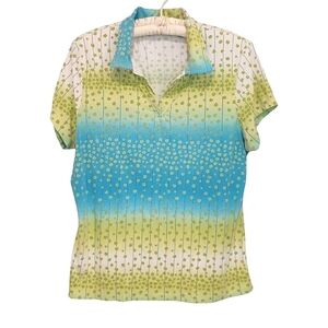 TOMMY BAHAMA Golf 18 Short Sleeve V Neck Cotton Shirt | Green Blue Ombre | Large
